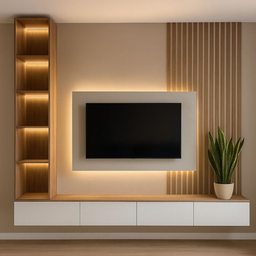 Premium Fluted TV Wall Panel with LED Light & Side Shelves - Drizz