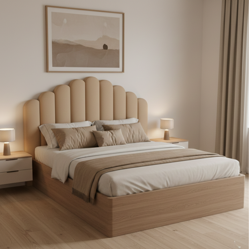 Premium Upholstered Bed with 3″ Foam Headboard & 3-Side Laminate Finish | Single, Queen & King | Optional Storage - Drizz