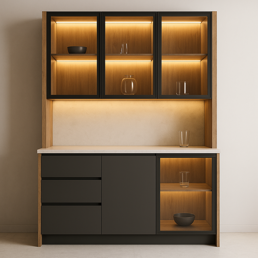 Contemporary Crockery Unit for Dining Room – Glass + Stone + Soft-Close Drawers - Drizz