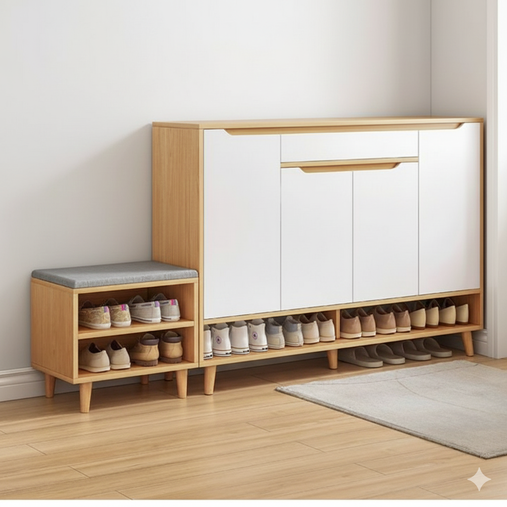 Shoe Cabinet with Bench Seating | 6 ft Entryway Shoe Storage | Utility Drawer Included - Drizz