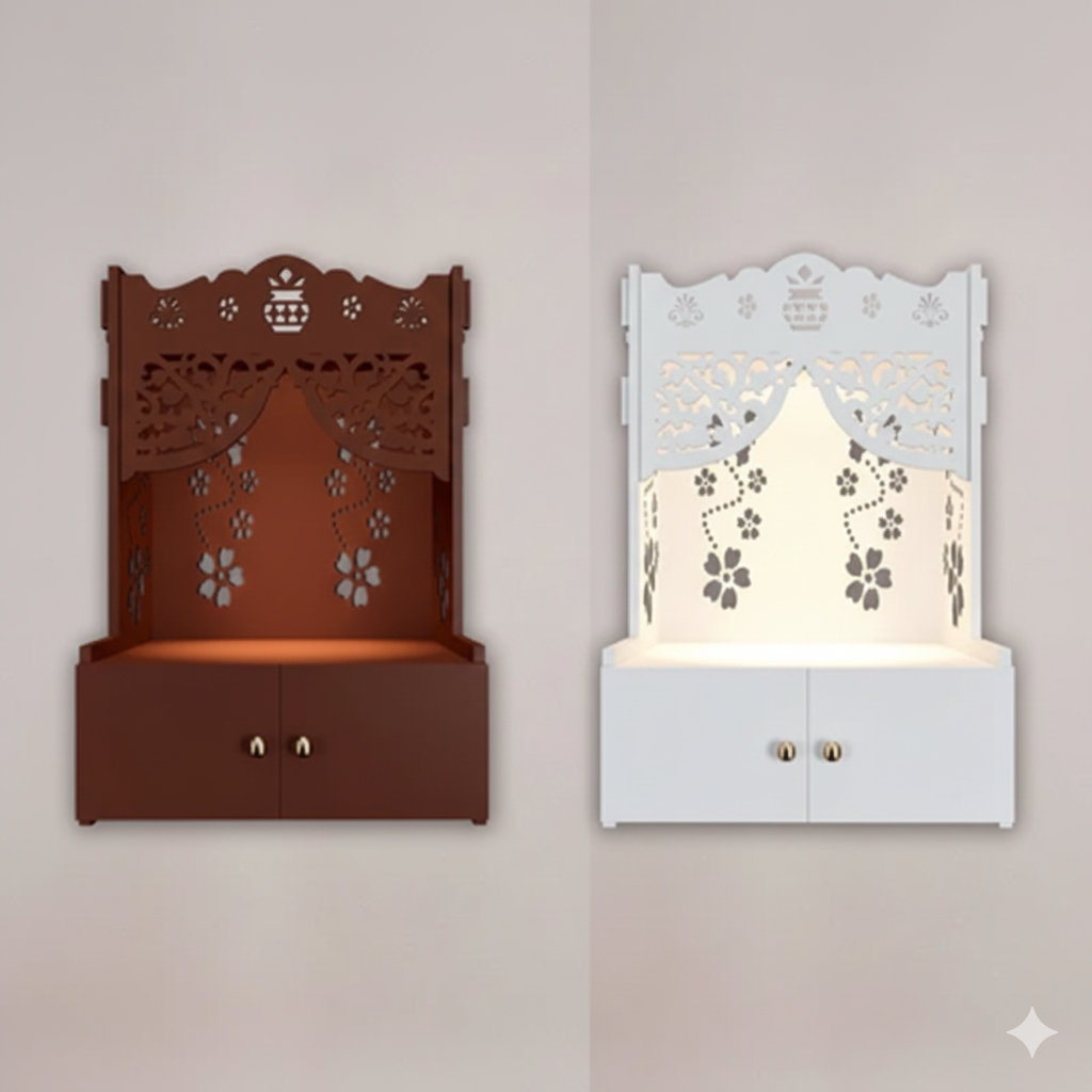 Floral CNC Wall-Mounted MDF Temple with LED Backlighting & Storage - Drizz