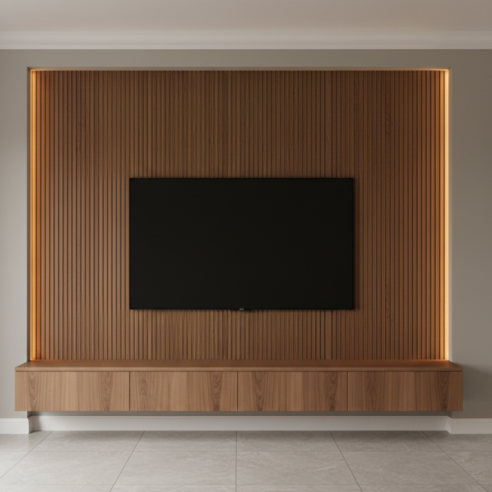 Modern Wooden TV Wall Unit with Fluted Panel & Floating Base Cabinet - Drizz