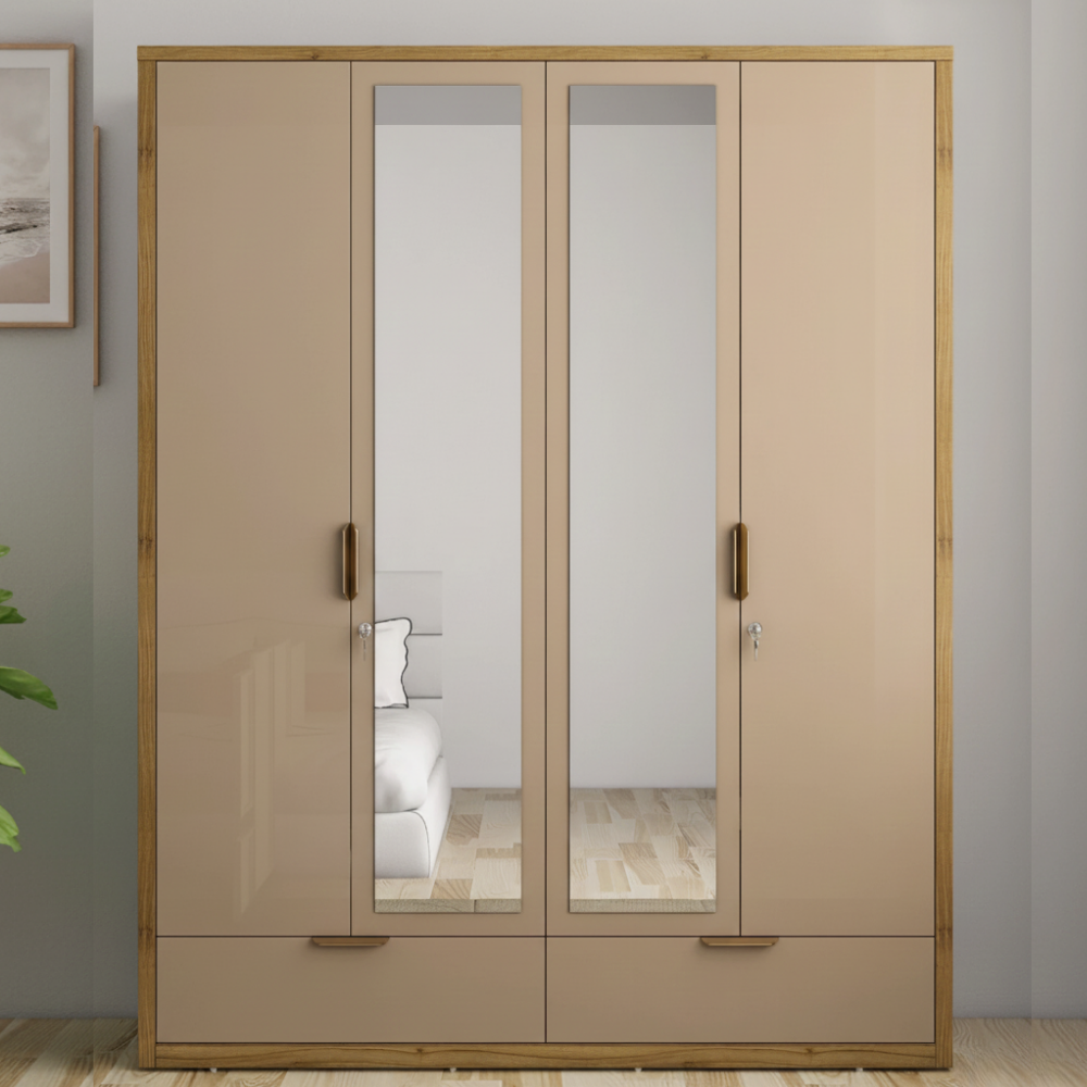4 Door Wardrobe | 6 ft Wide | Modern Design with Full-Length Mirrors - Drizz