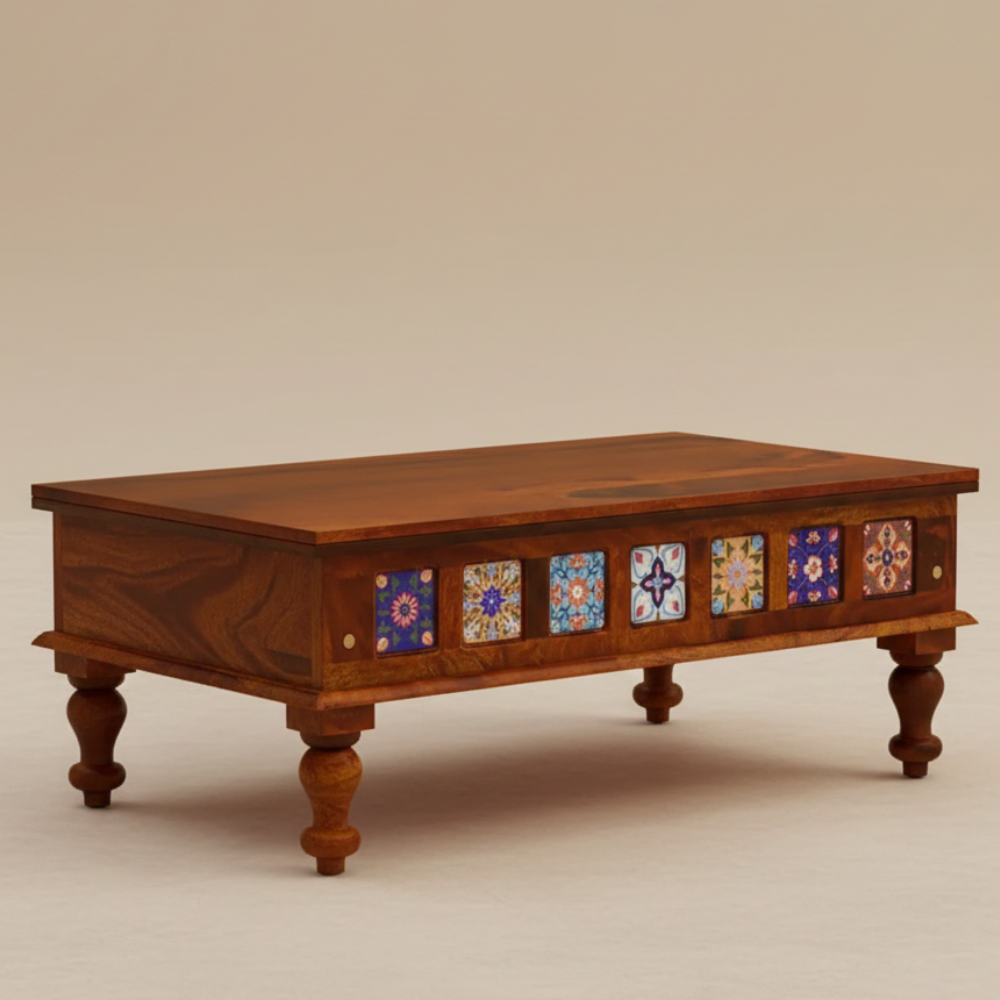 Solid Sheesham Wood Coffee Table with Decorative Tile Inlay - Drizz