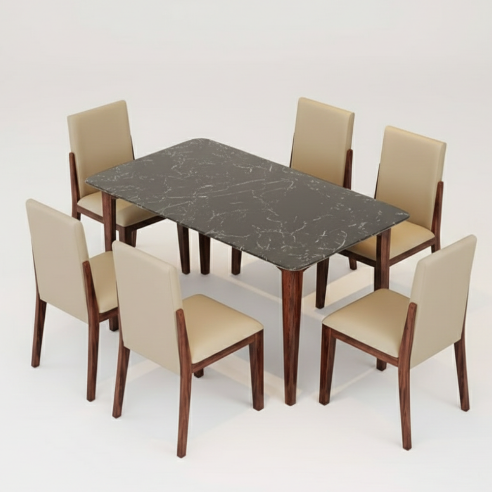 Solid Wood Dining Table Set with Stone Top – 4 & 6 Seater Options - Drizz