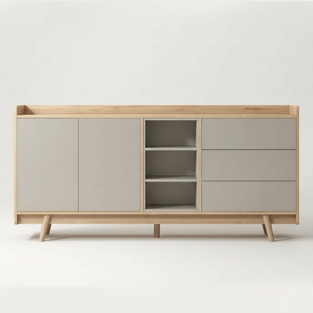 Modern Storage Sideboard with Wooden Legs | 6 ft Wide | Shutters, Shelves & Drawer Design - Drizz
