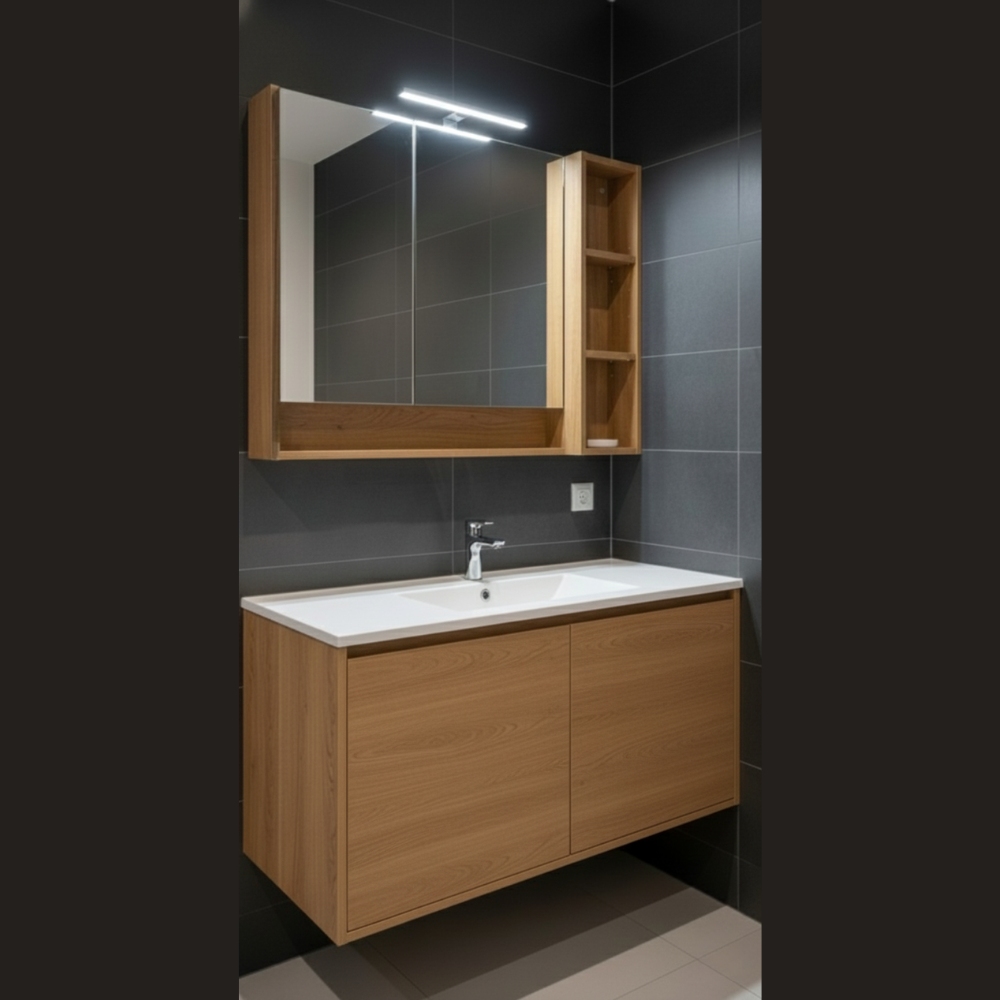 Wall-Hung Bathroom Vanity with Mirror Storage Cabinet – 3 ft Wide | Wood Finish | PVC / HDMR - Drizz