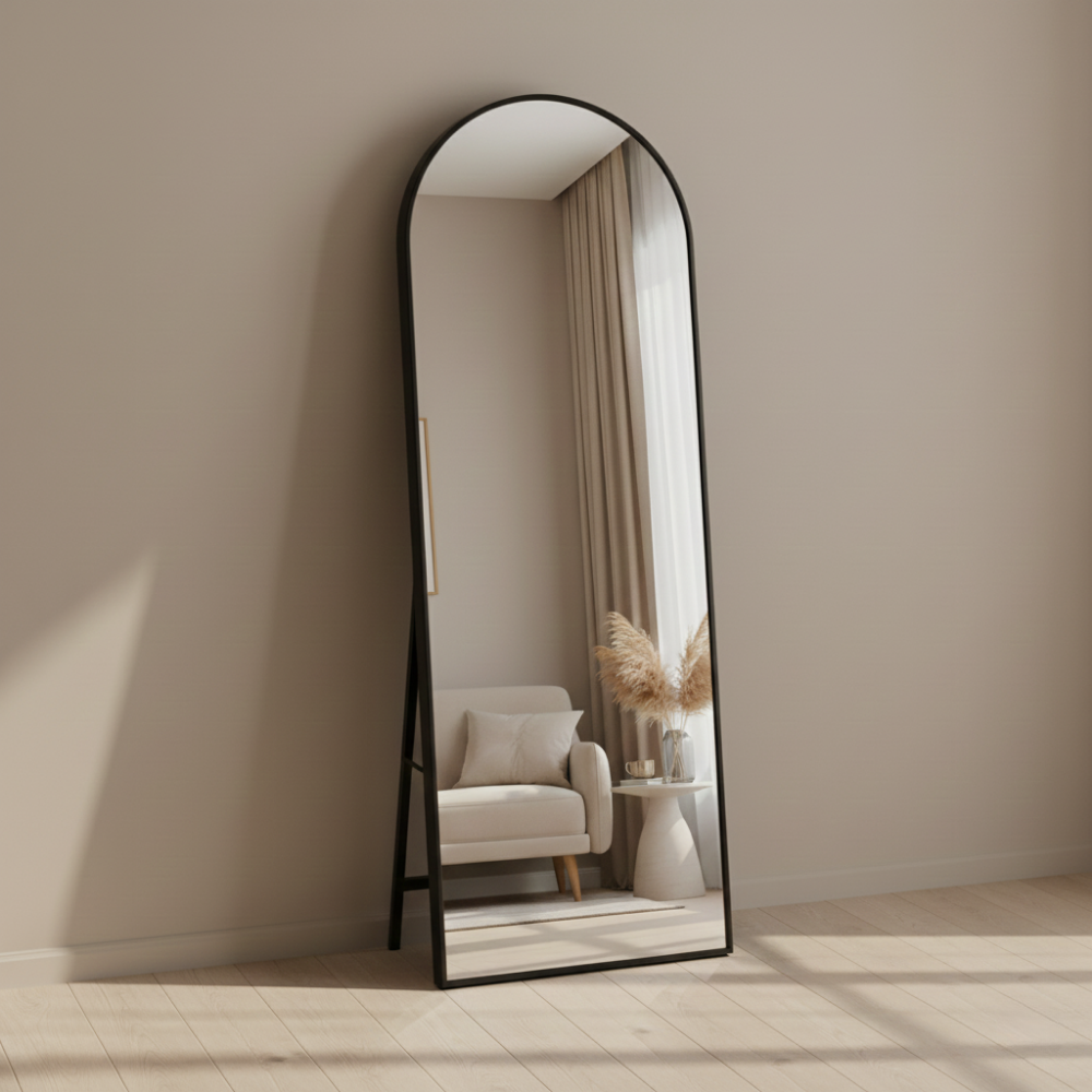 Modern Floor Standing Full-Length Mirror Black Arched Design with Aluminium - Drizz