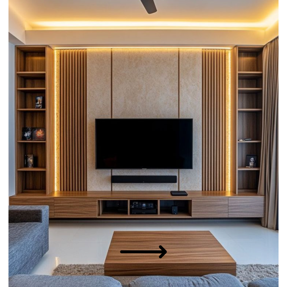 Luxury TV Wall Panel with LED, Fluted Sides & Full-Length Display Shelves - Drizz