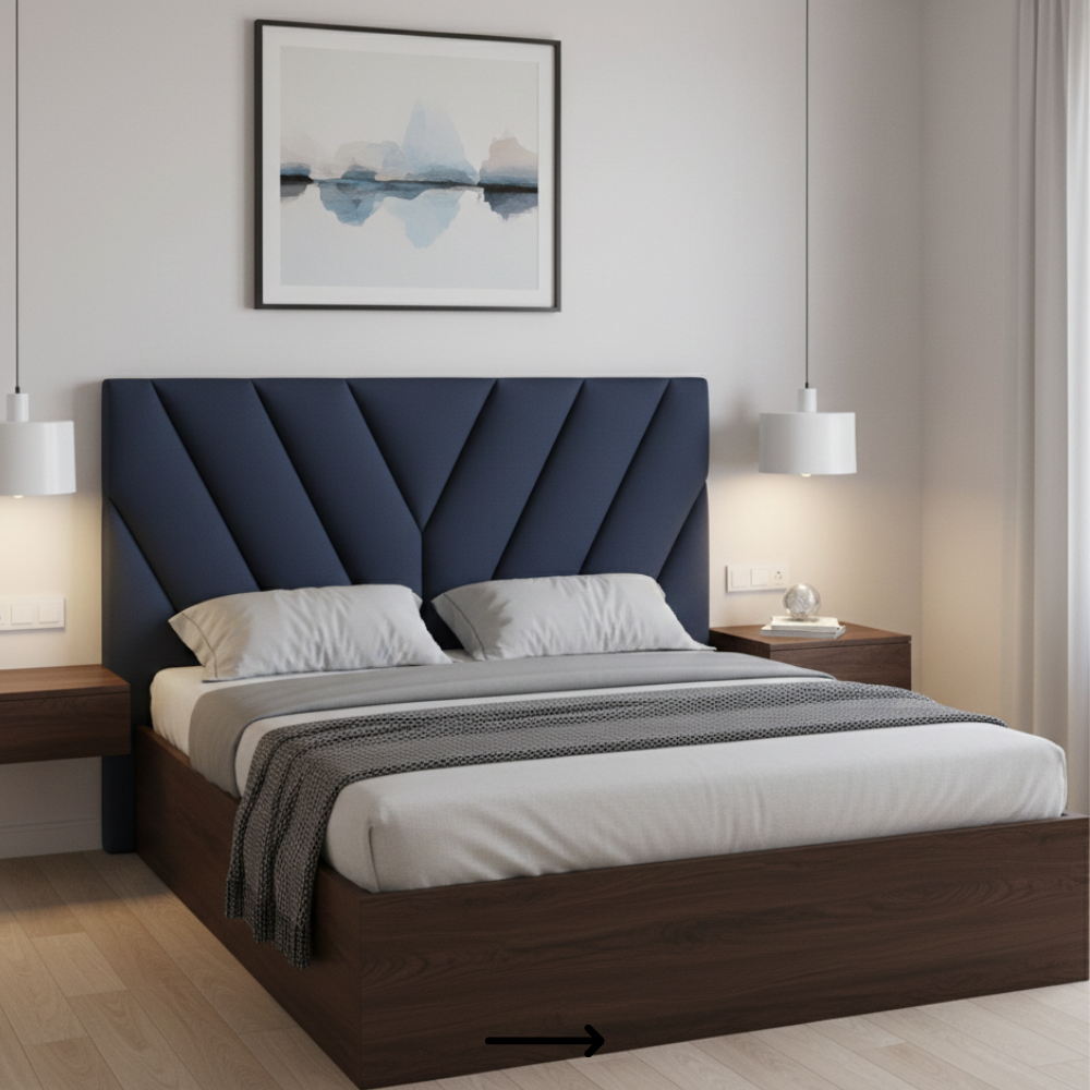 Premium upholstered bed with 3 inch foam headboard and laminate finish on three sides in modern bedroom - Drizz