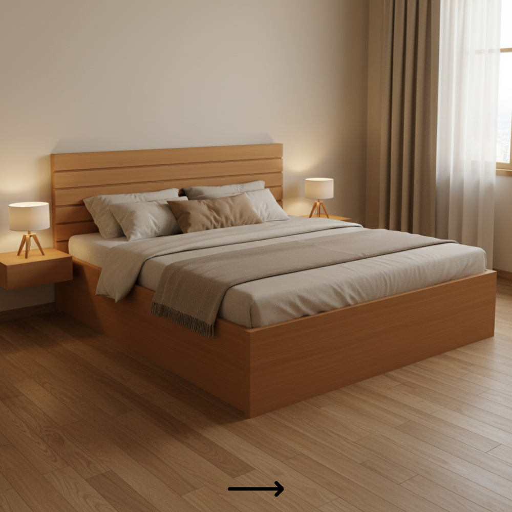 Designer laminate bed with subtle headboard detailing for modern Indian homes - Drizz