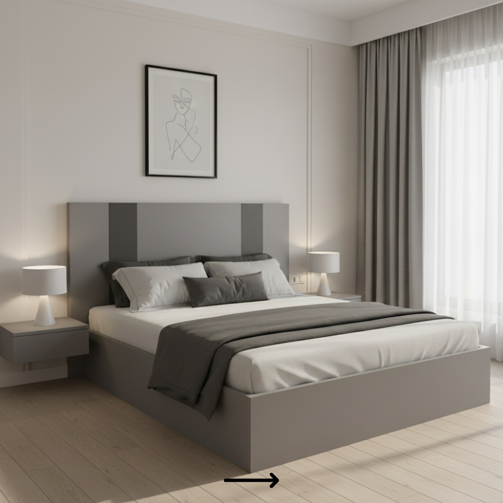 Modern panel bed in laminate finish with sleek headboard design - Drizz