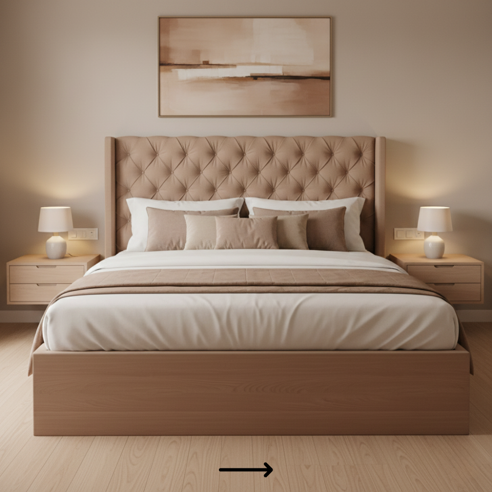 Laminate finished side rails and footboard of premium upholstered bed with floor touch design - Drizz