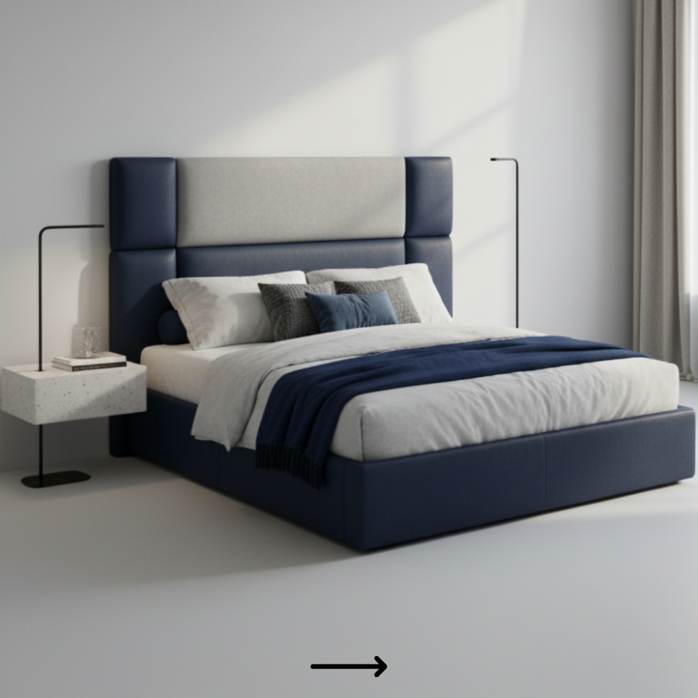 Modern premium upholstered bed with laminate sides placed in contemporary Indian apartment bedroom - Drizz