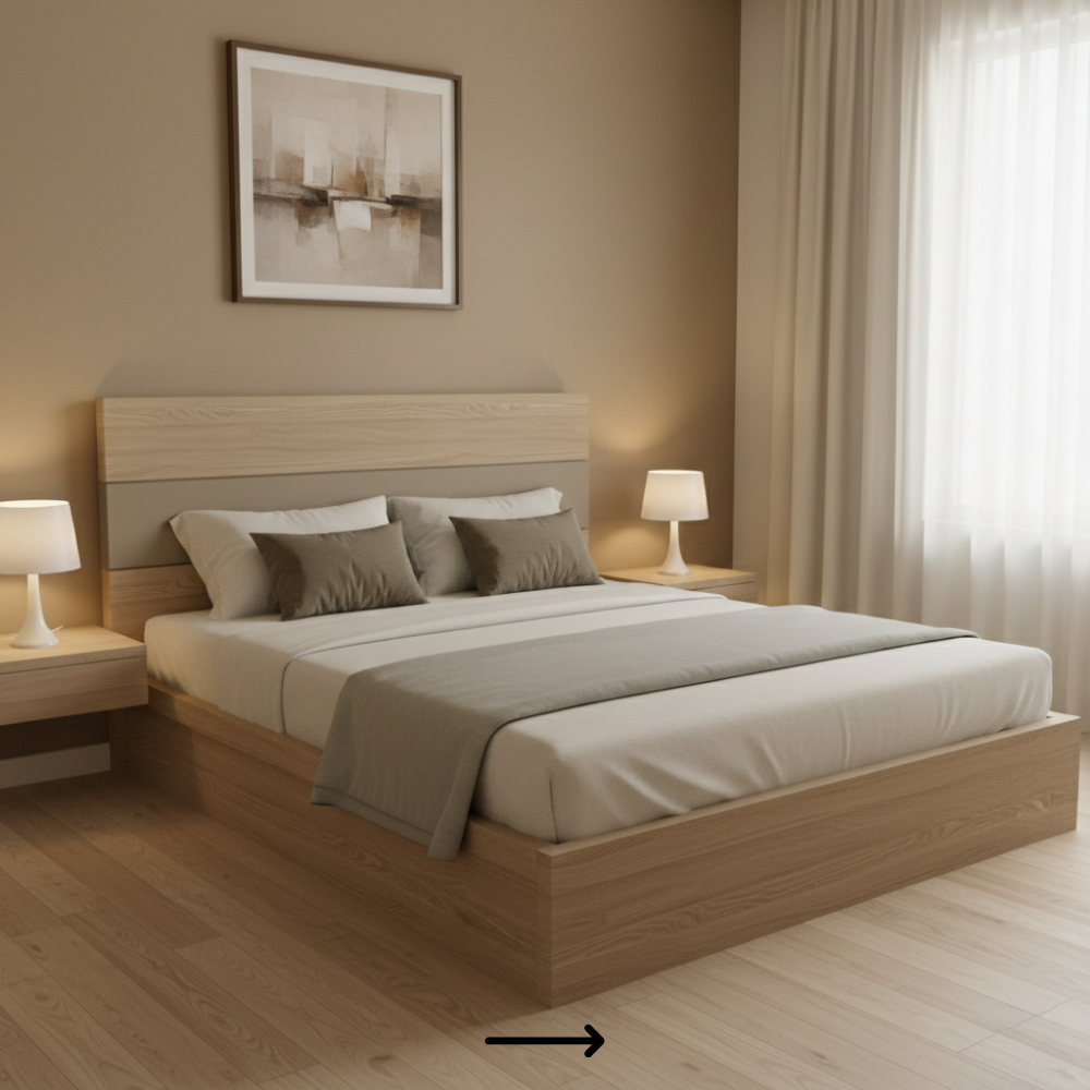 Modern laminate finish bed with refined design and floor level structure - Drizz