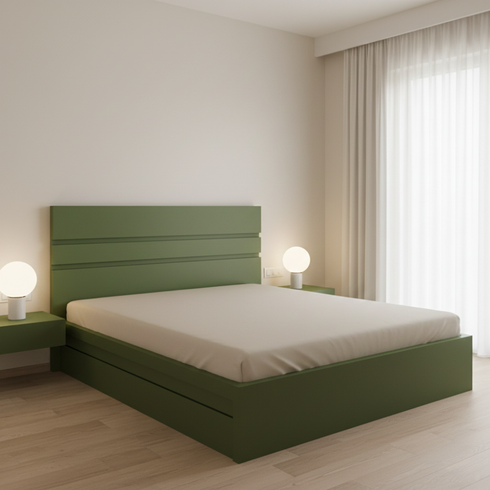 Stylish laminate bed design with clean headboard and modern proportions - Drizz