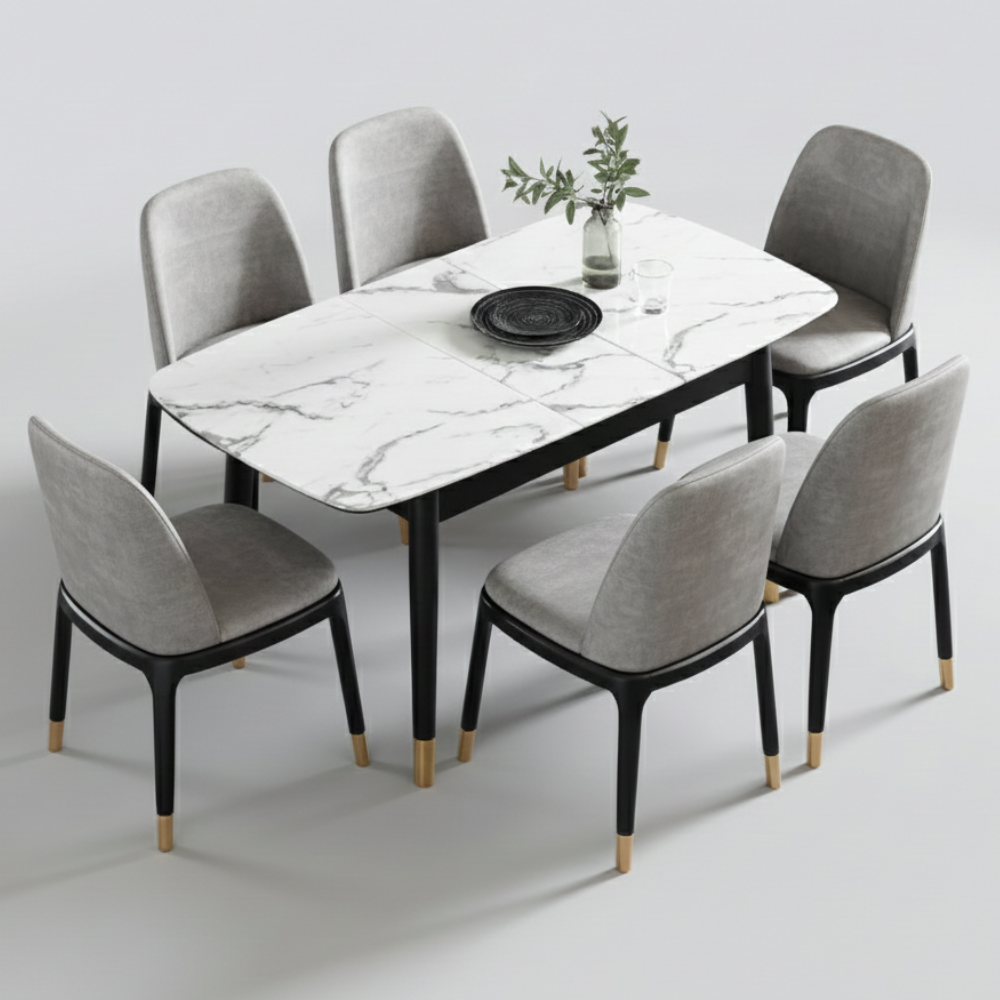 Imported Marble Top Dining Table Set with Upholstered Chairs | 4 & 6 Seater - Drizz