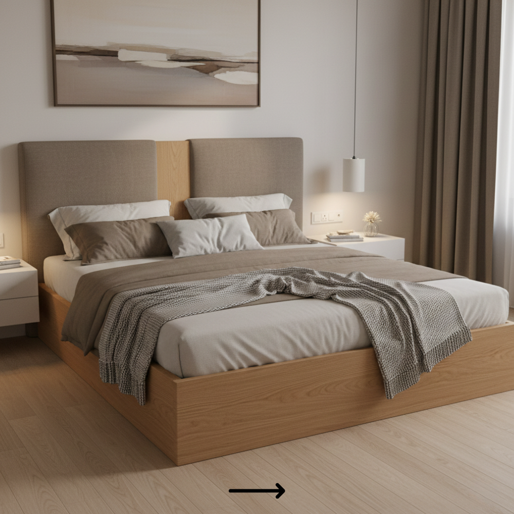 Minimal Upholstered Headboard Bed | 2″ Foam | Laminate Finish | Queen & King - Drizz