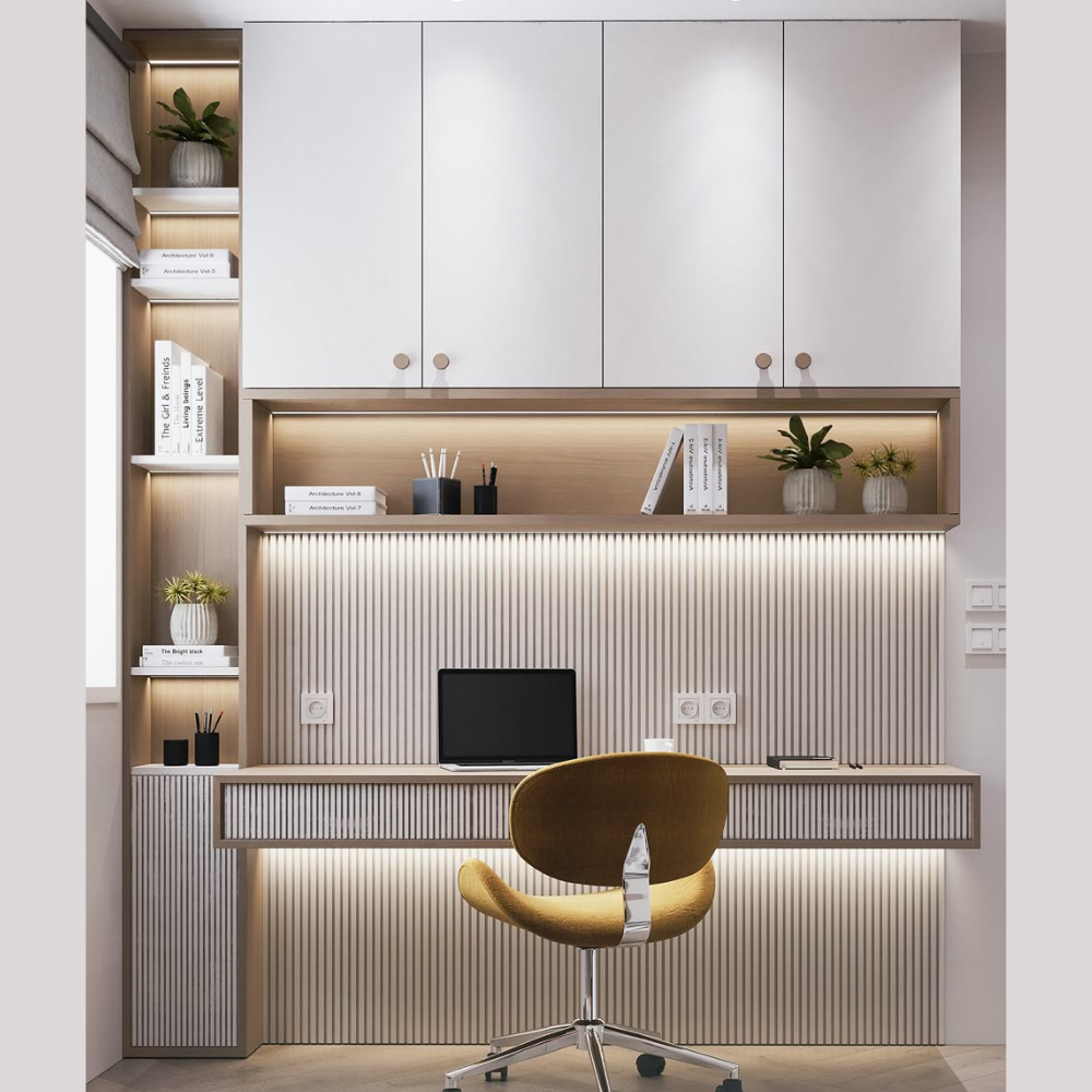 Modern Study Table with Overhead Cabinets, LED Shelves  - Drizz