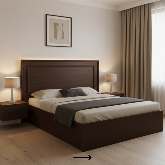 Modern laminate bed with designer headboard detailing and floor touch boxed design in contemporary bedroom - Drizz