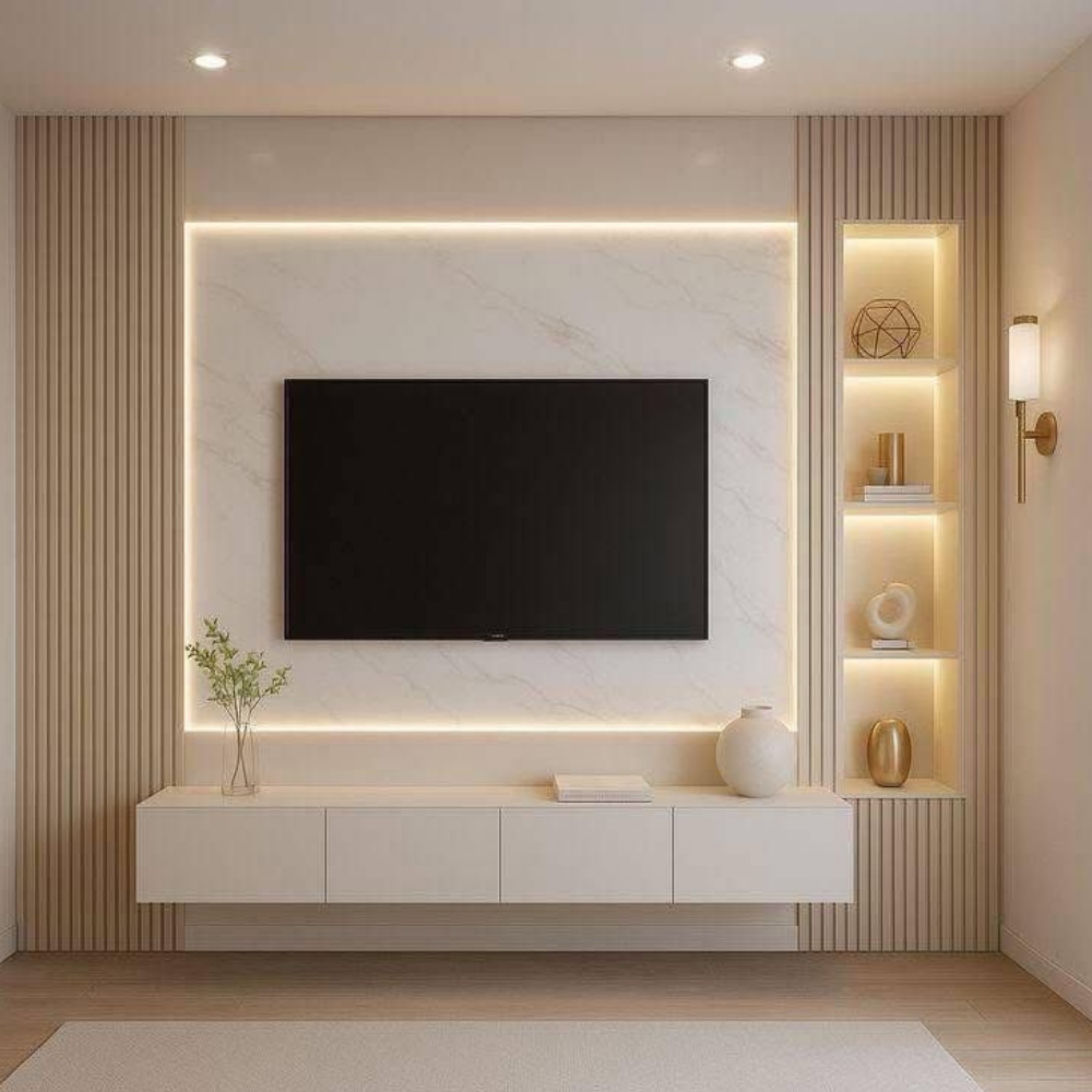 Luxury TV Wall Unit with LED, Fluted Sides & Full-Length Display Shelves - Drizz