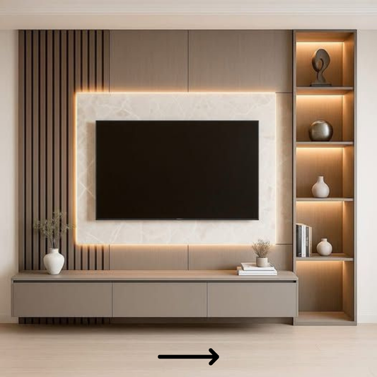 Premium Fluted TV Wall Panel with LED & Side Shelves - Drizz