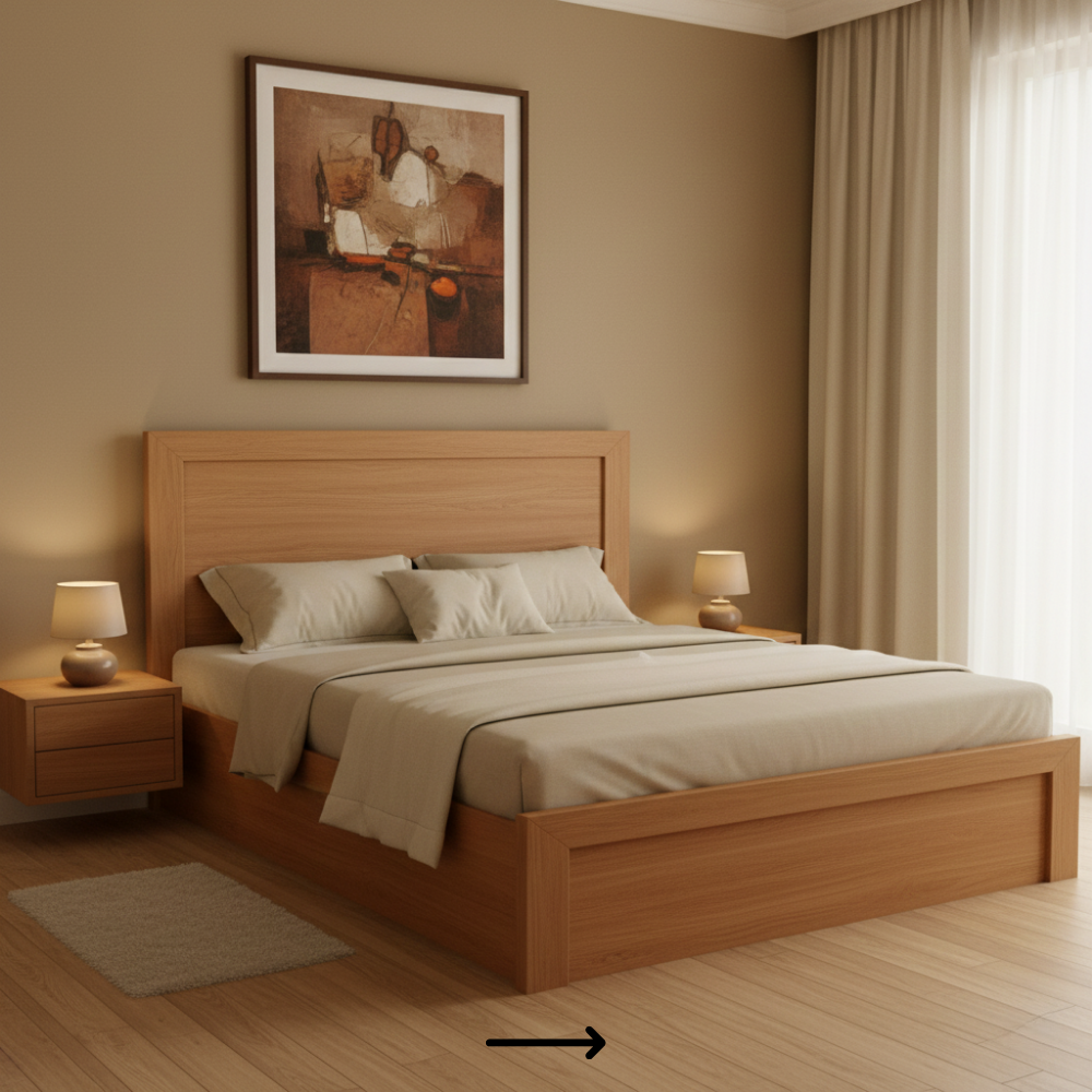 Contemporary all laminate bed with clean lines and floor touch boxed design - Drizz