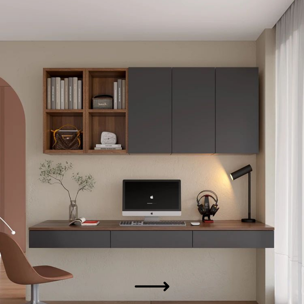 Minimal Study Table with Upper Cabinets & Floating Desk - Drizz