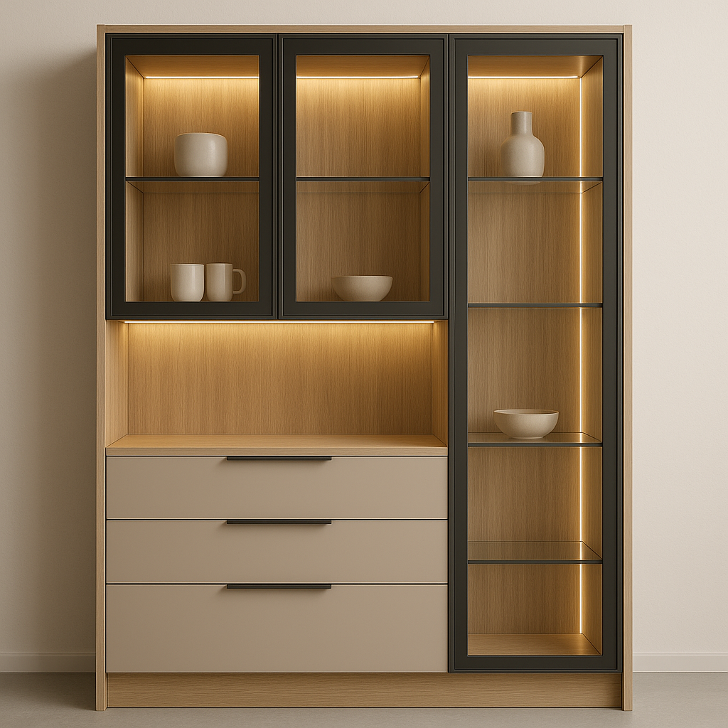 Modern Crockery Unit – Glass Display, LED Lights & Soft-Close Drawers - Drizz