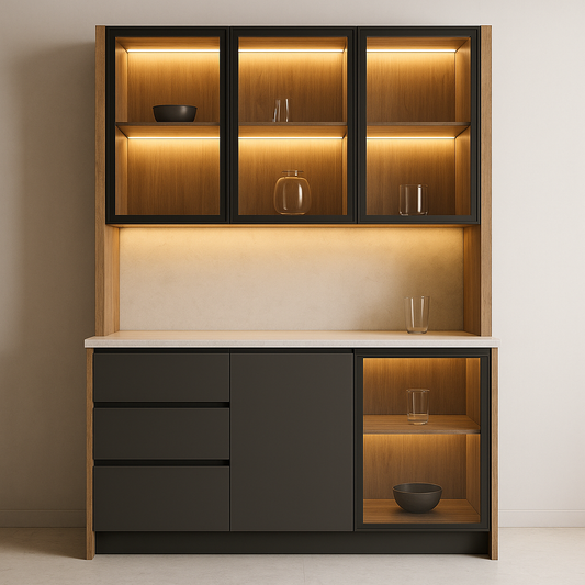 Contemporary Crockery Unit for Dining Room – Glass + Stone + Soft-Close Drawers - Drizz