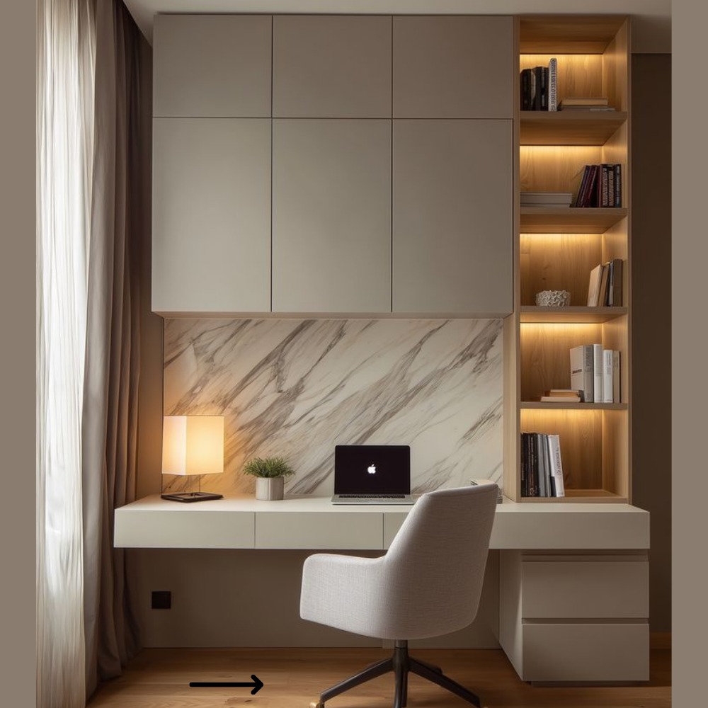Modern Study Table with Overhead Cabinets, LED Shelves & Fluted/Textured Back Panel