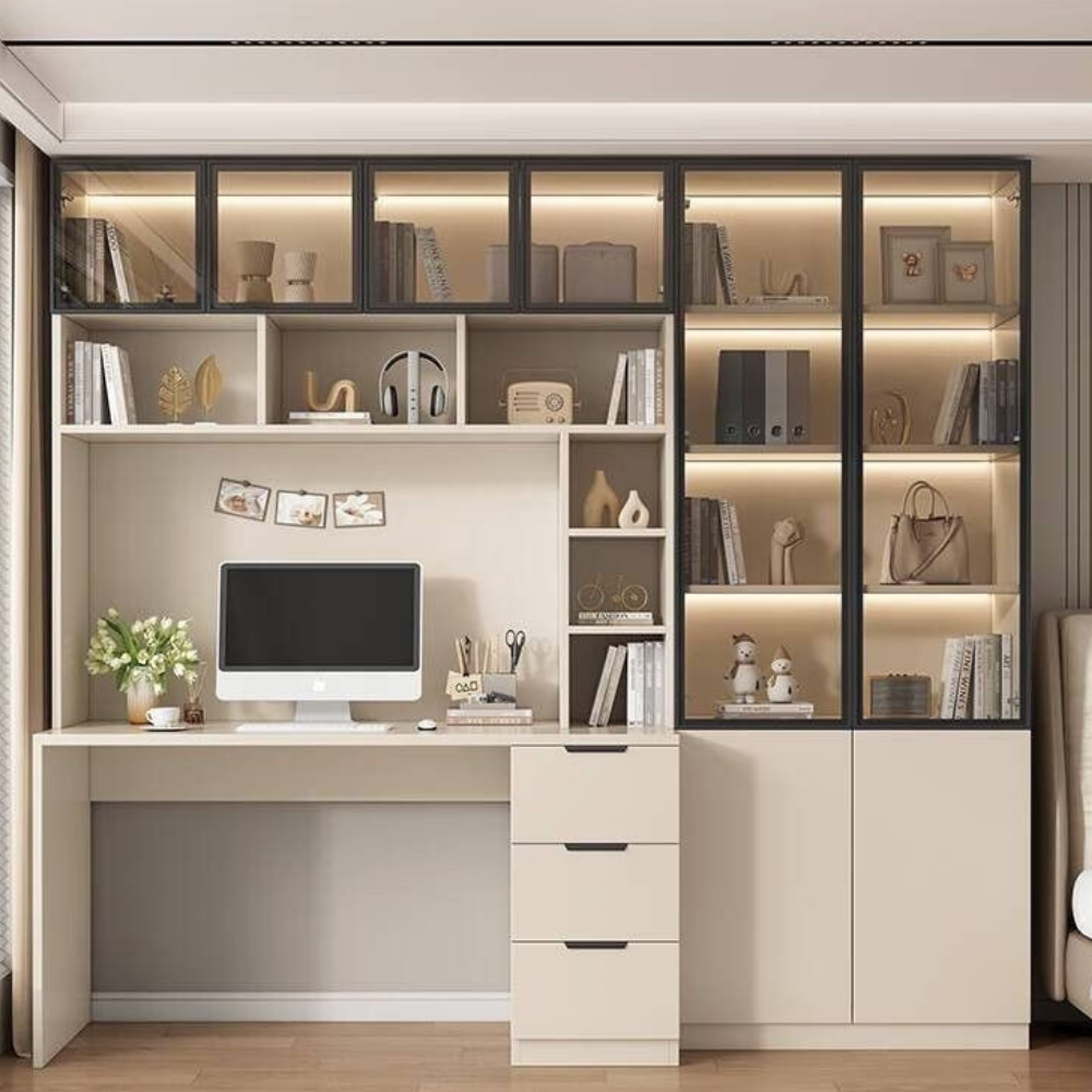Luxury Study Workstation with Glass Cabinets & LED Display Shelves - Drizz