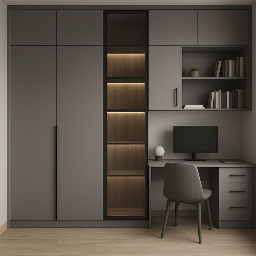 Modern Wardrobe with Integrated Study Table & LED Display Shelves - Drizz