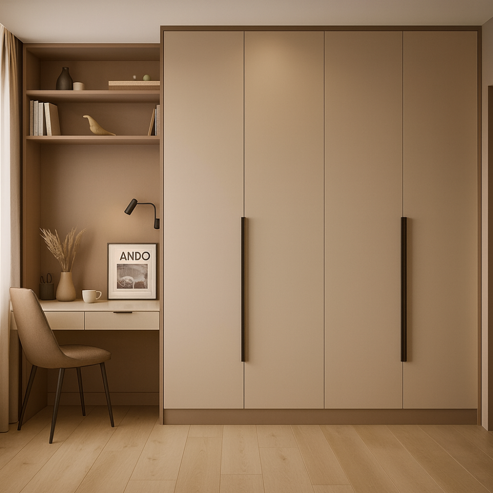 Modern Warm Beige Wardrobe with Integrated Study Table - Drizz