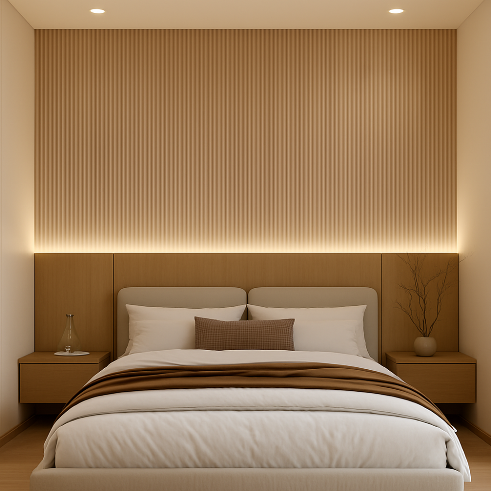 Premium Fluted Panel Bedroom Wall with LED Profile & Floating Bedside Tables - Drizz