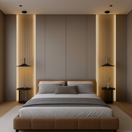 Contemporary Bedroom Feature Wall with LED Strips & Matte Panel Finish - Drizz
