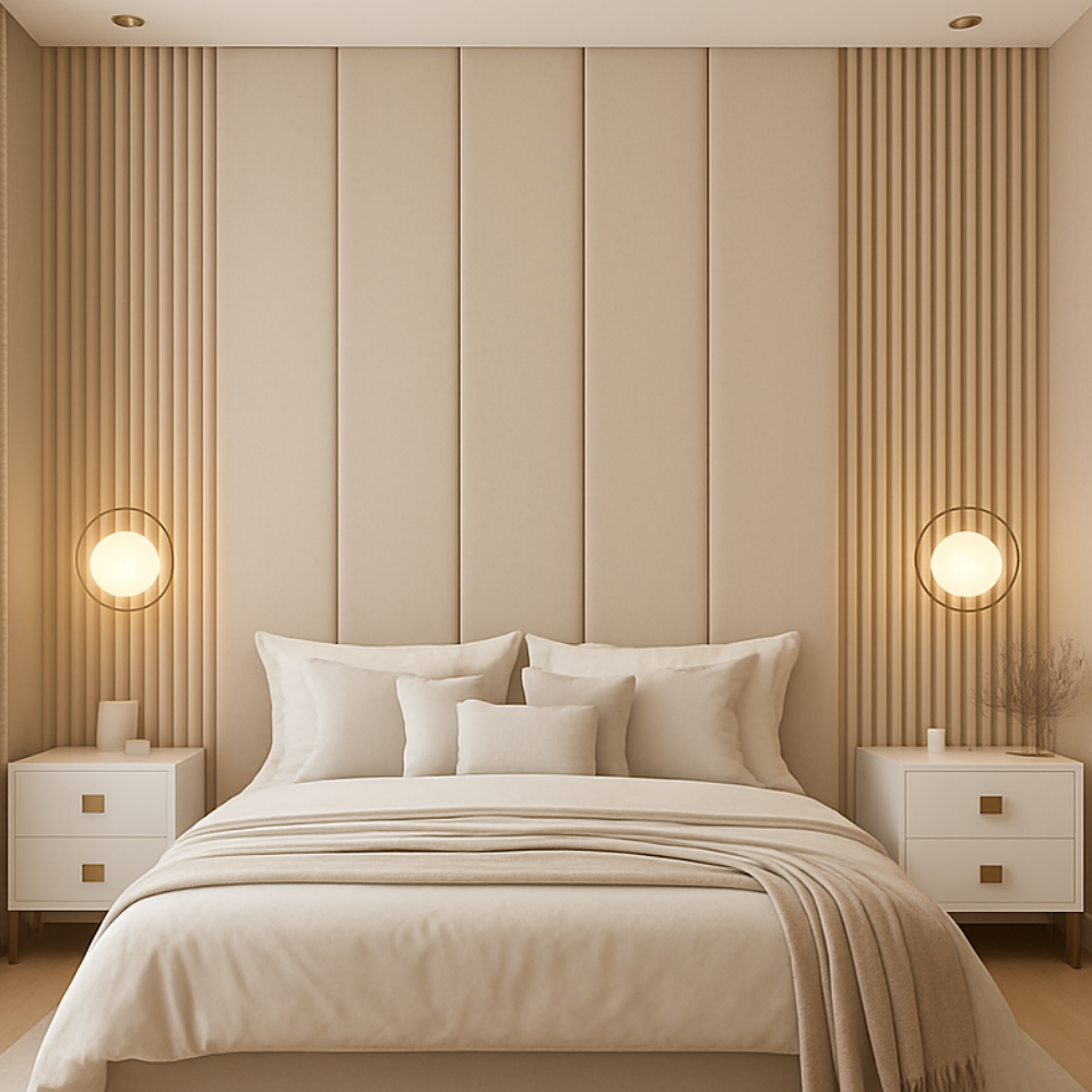 Modern Upholstered Headboard Wall with Fluted Side Panels - Drizz