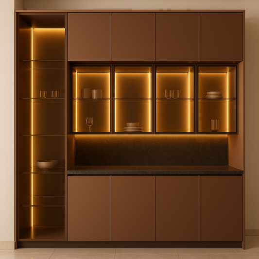 Modern Display & Storage Crockery System – Glass | Soft-Close | LED - Drizz