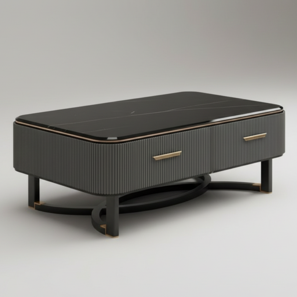 Designer Coffee Table with Marble-Finish Top & Fluted Base - Drizz
