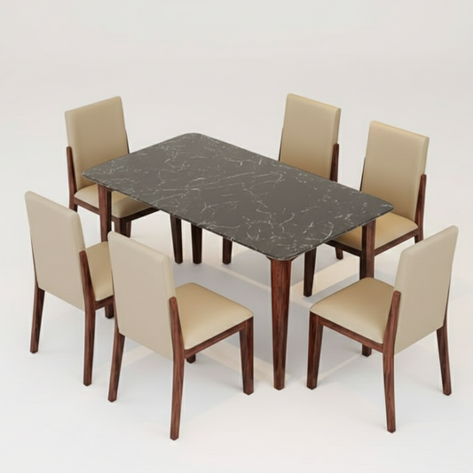 Solid Wood Dining Table Set with Stone Top – 4 & 6 Seater Options - Drizz