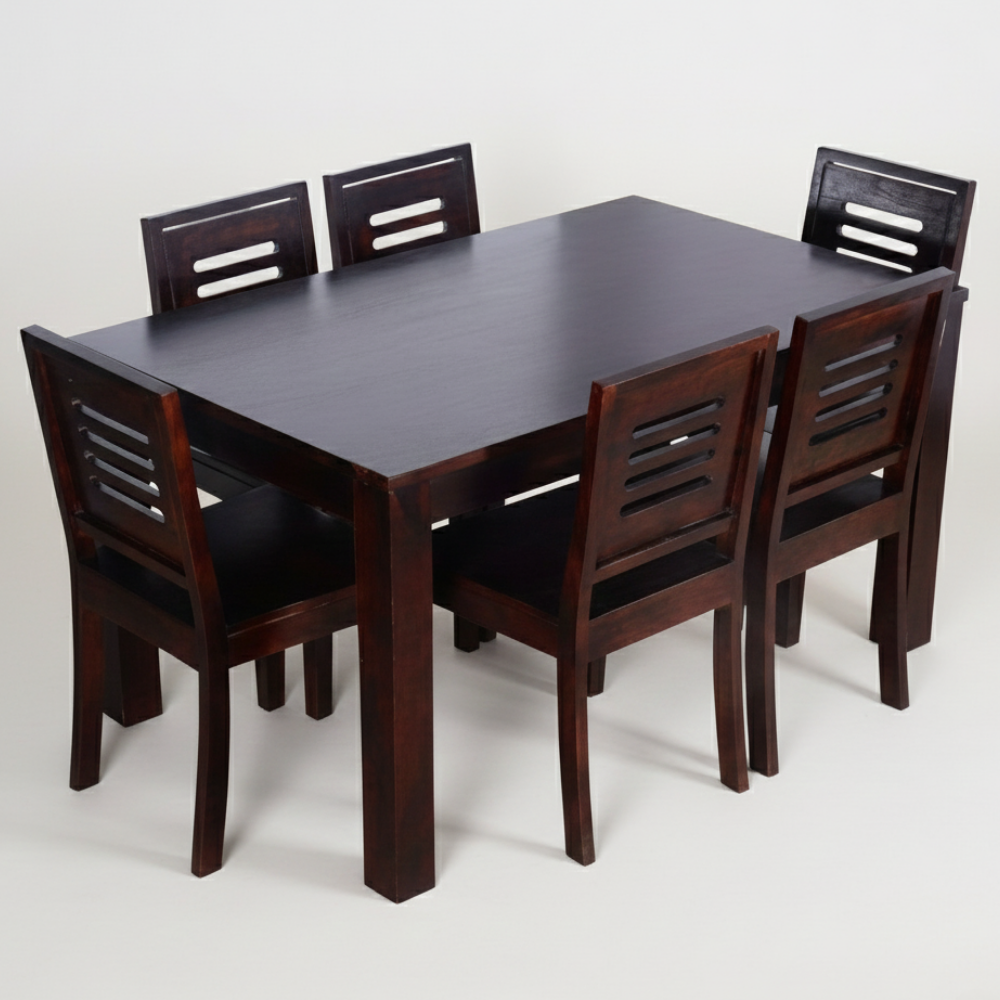 Solid Wood Dining Table Set | 4 & 6 Seater Options | Dark Finish Wooden Chairs - Drizz