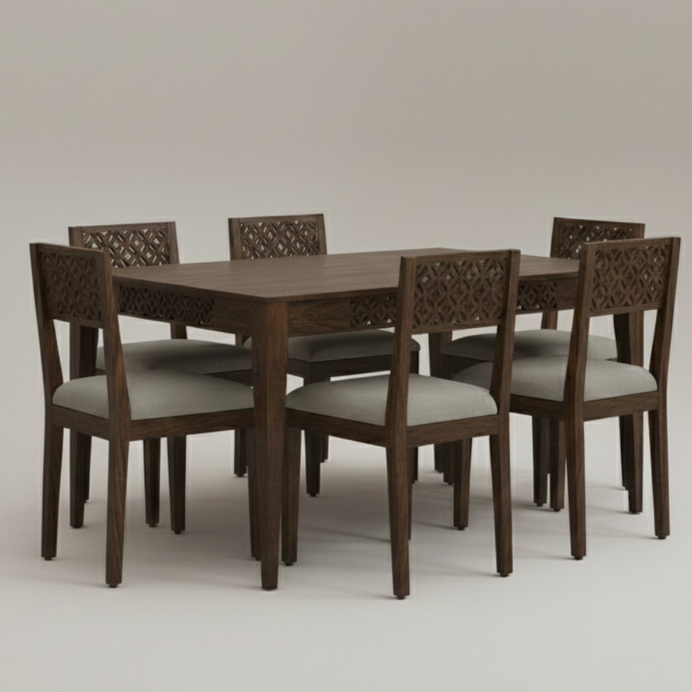 Solid Wood Dining Table Set | 4 & 6 Seater Options | Carved Detail Design with Cushioned Chairs - Drizz