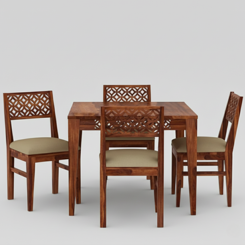 Solid Sheesham Wood Dining Table Set with Cushioned Chairs | 4 & 6 Seater | Carved Back Design - Drizz