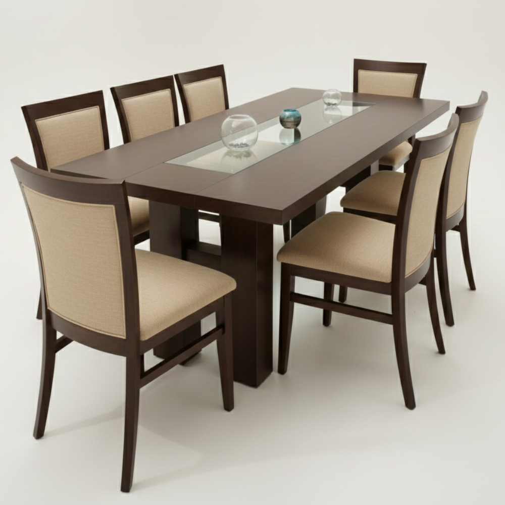 Solid Hardwood Dining Table Set with Glass Inlay & Upholstered Chairs | 4 & 6 Seater | Modern Formal Design - Drizz