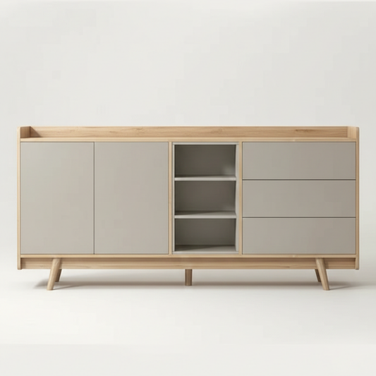 Modern Storage Sideboard with Wooden Legs | 6 ft Wide | Shutters, Shelves & Drawer Design - Drizz