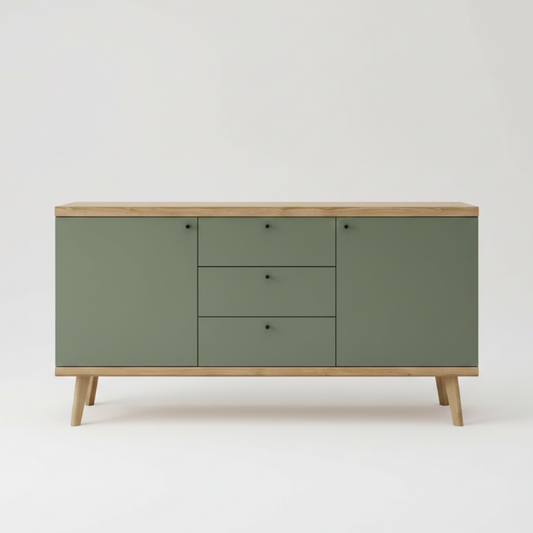 Modern Display & Storage Unit with Wooden Legs | 6 ft Wide | Shutter & Drawer Design - Drizz