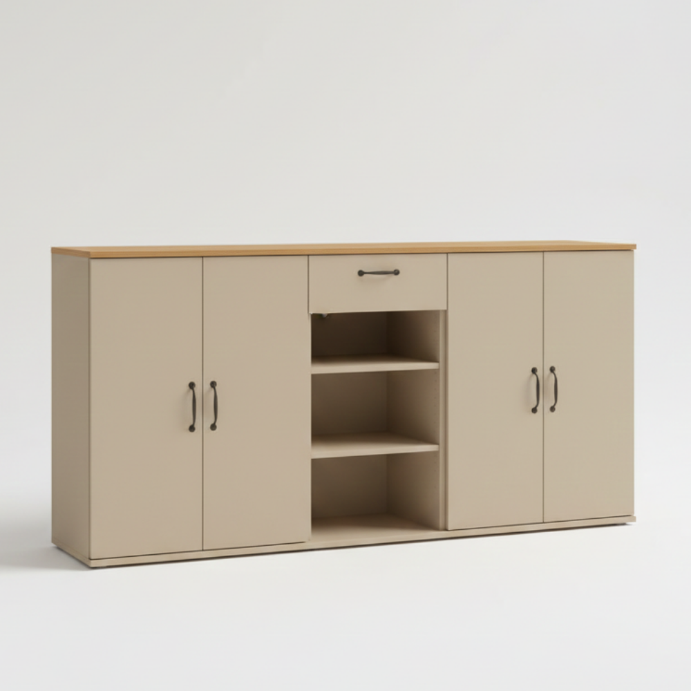 Modern Display & Storage Unit | 5 ft Wide | Shutters, Drawer & Open Shelves - Drizz