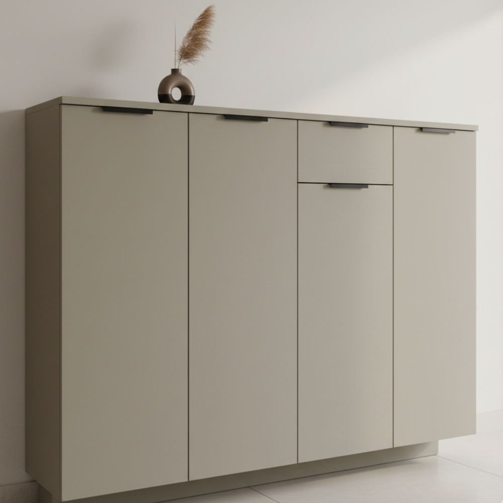 Modern 4-Door Shoe Cabinet with Drawer | 4 ft × 4 ft | Matte Finish | 18–22 Pair Capacity - Drizz
