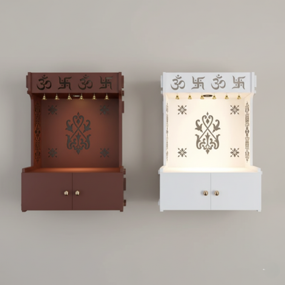 CNC Cut MDF Temple Unit with Backlit Abstract Motif & Storage - Drizz