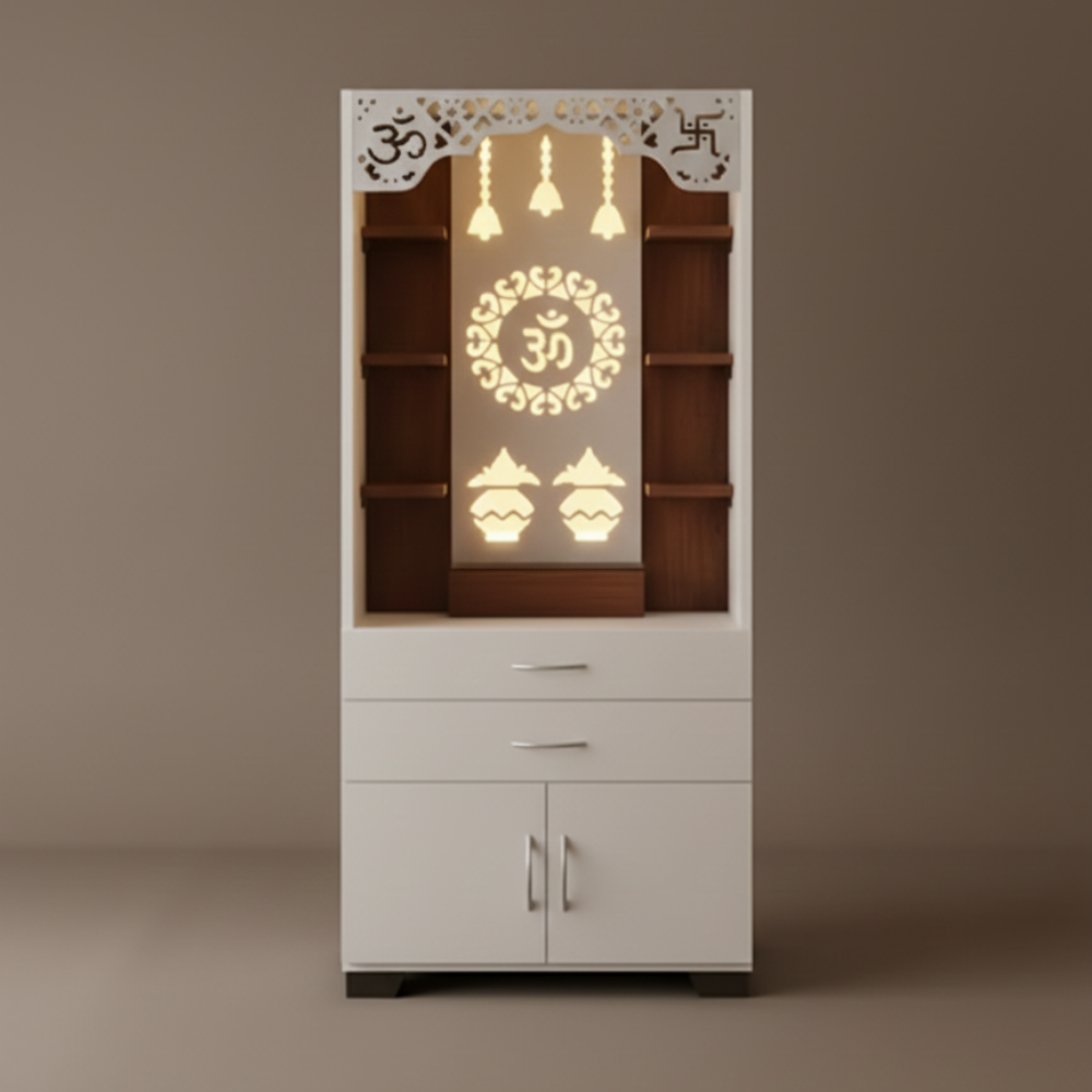 Modern MDF Floor Temple Unit with CNC Back Panel, Warm LED Backlighting & Storage Cabinet - Drizz